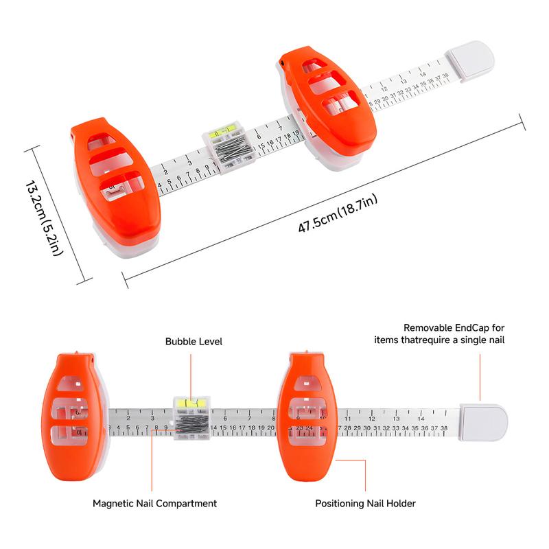 TrueHang dimensions 47.5cm and features: bubble level, magnetic nail compartment, positioning nail holder, removable end cap