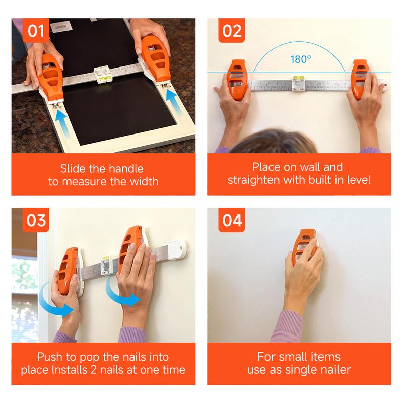 How TrueHang works: slide to measure width, level with built-in bubble, push to set both nails at once, use as single nailer