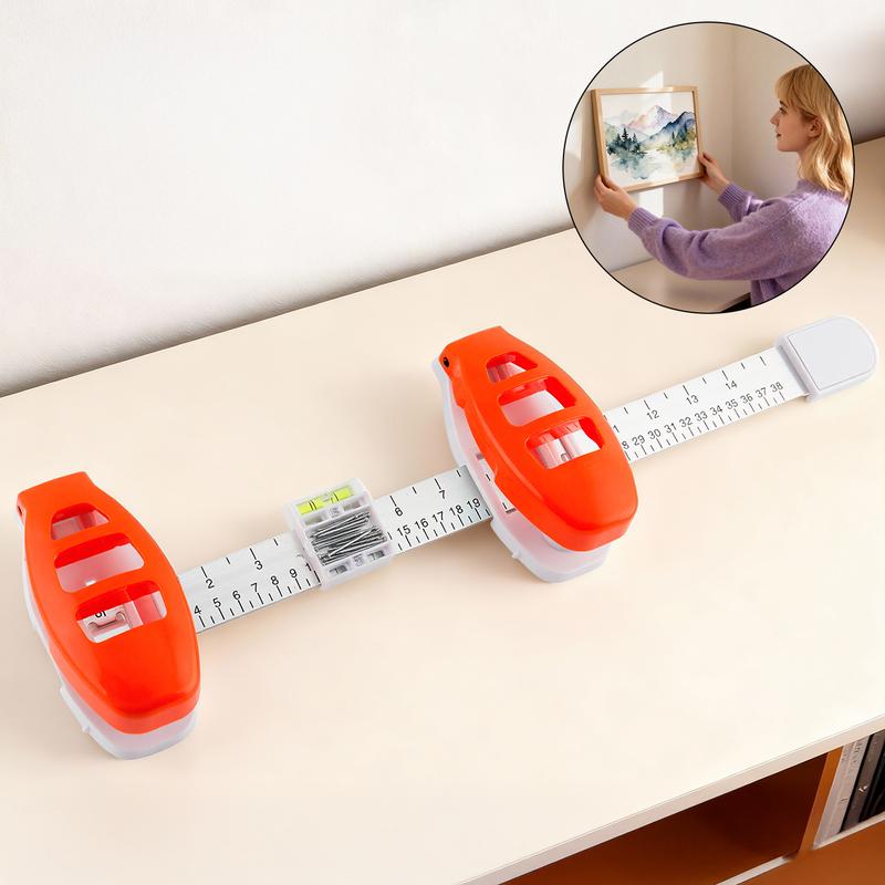 TrueHang picture hanging tool with built-in level and ruler, shown with a woman hanging a framed print